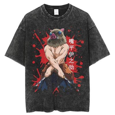 T-shirt Imprimé Anime Manga Japonais Lavé Coton Manches Courtes T-shirt Haut Style Rétro Harajuku Unisexe