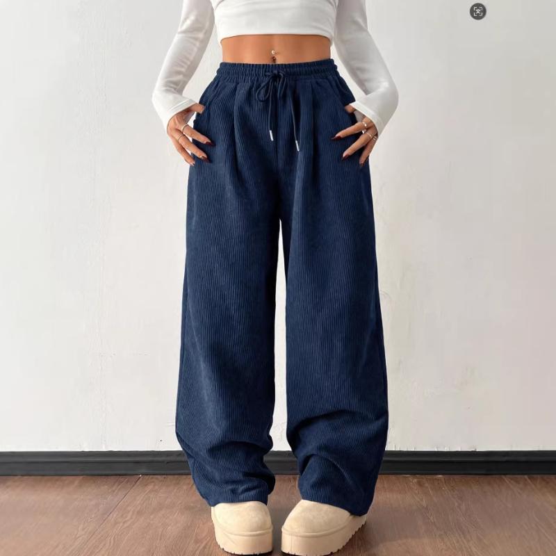 Pantaloni larghi a coste da donna stile retrò, vita alta, elastico, vestibilità morbida, casual, con tasche laterali