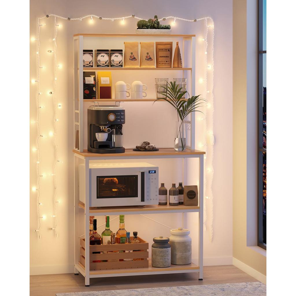VASAGLE Kitchen Shelf Stand Rack Microwave Shelf Stand 6 Tier 6 Shelves and 6 Hooks Microwave Steel Frame Industrial Design 40 x 80 x 167 cm Oak White