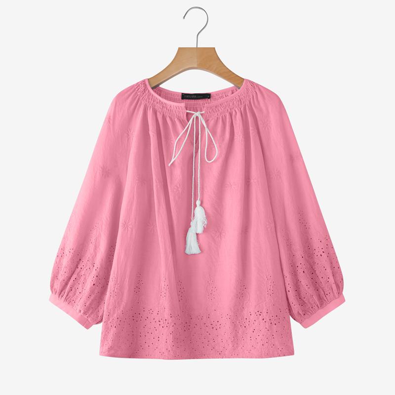 

ZANZEA Женская повседневная блузка с круглым вырезом, рукавами 3/4, свободного кроя, связанная крючком L