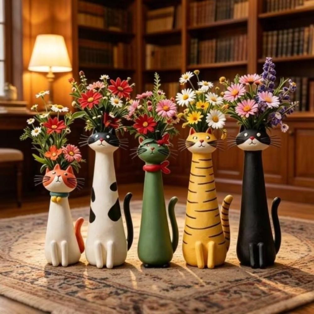 Cartoon Whimsical Cat Flower Vase Quirky Resin Cat Flower Holder Modern Cat Bud Vase  Bedroom