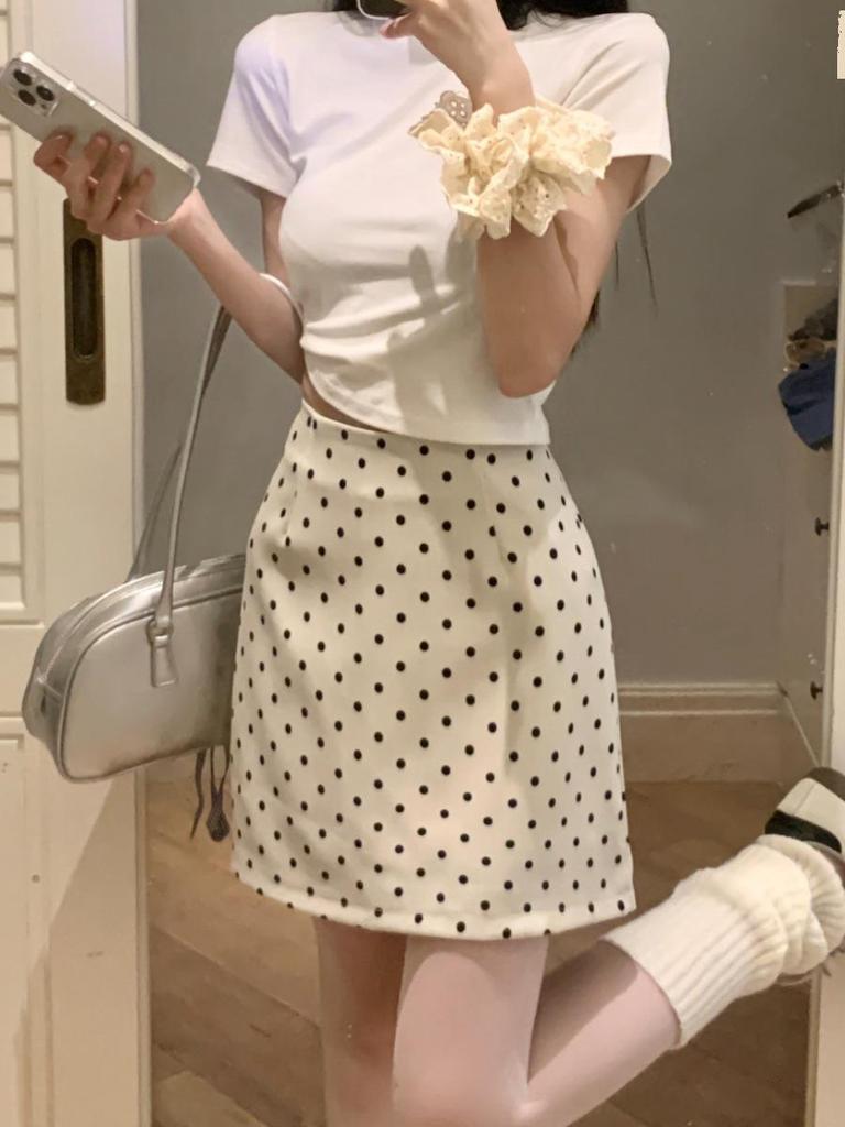 2024 Sweet & Spicy Apricot Polka Dot A-line Bodycon Mini Skirt for Women