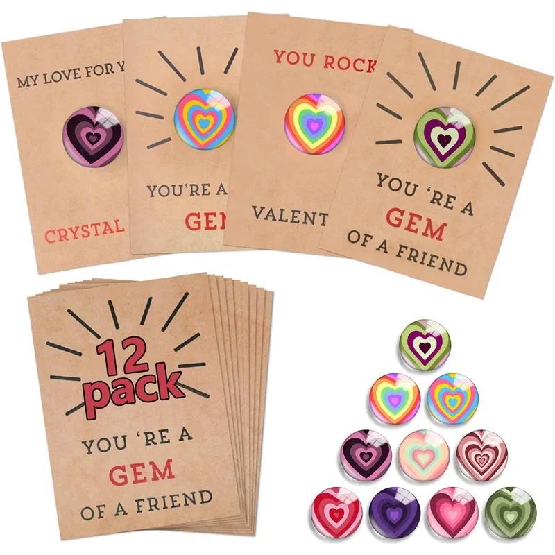 Valentines Day Gift for Kids 12 Pack Valentines Cards Heart-Shape Crystals Valentine Gift Boys Girls Toddlers School Party Favor