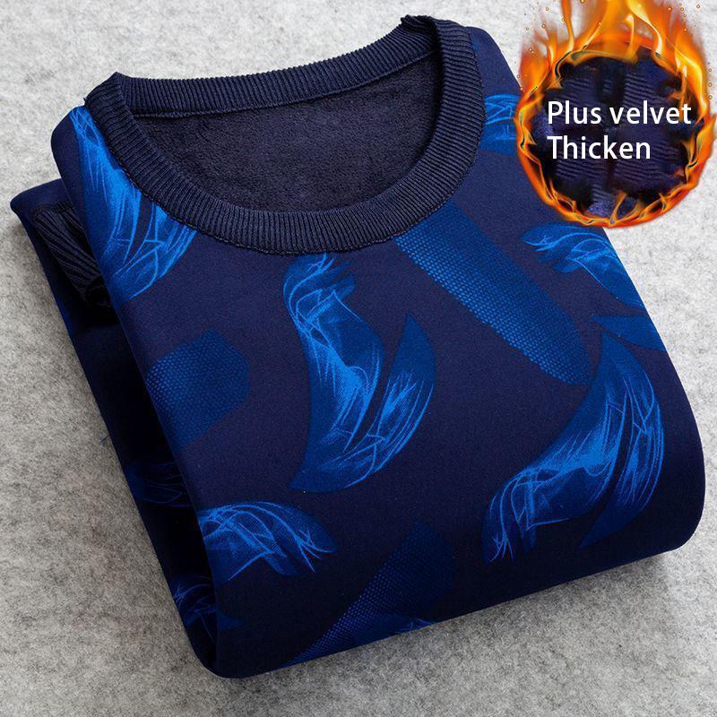 Autumn and Winter Sweater Round Neck Bottoming Shirt Plus Velvet Thick Knit Sweater Thermal Underwear Suitable for Young, Middle-aged and Elderly Men