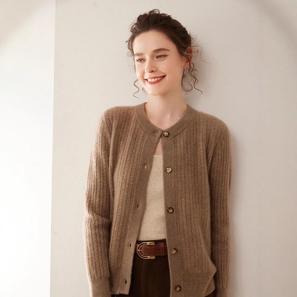 Women's Loose Fit Single-Breasted Cashmere Cardigan - Warm, Fashionable, Versatile Round Neck Knit Top