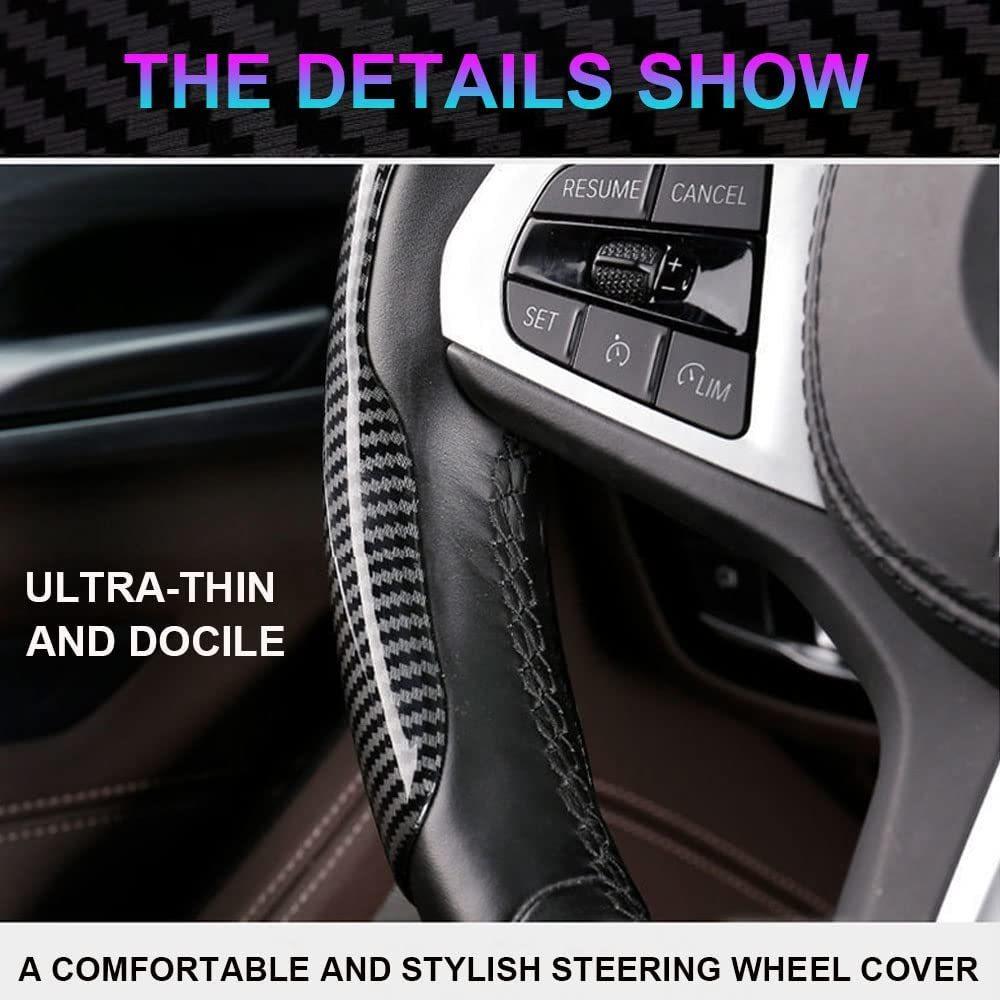 Ultra-Thin Carbon Fiber Leather Steering Wheel Cover, Universal for All Car Models & All Seasons, Anti-Slip & Easy Snap-On Insta