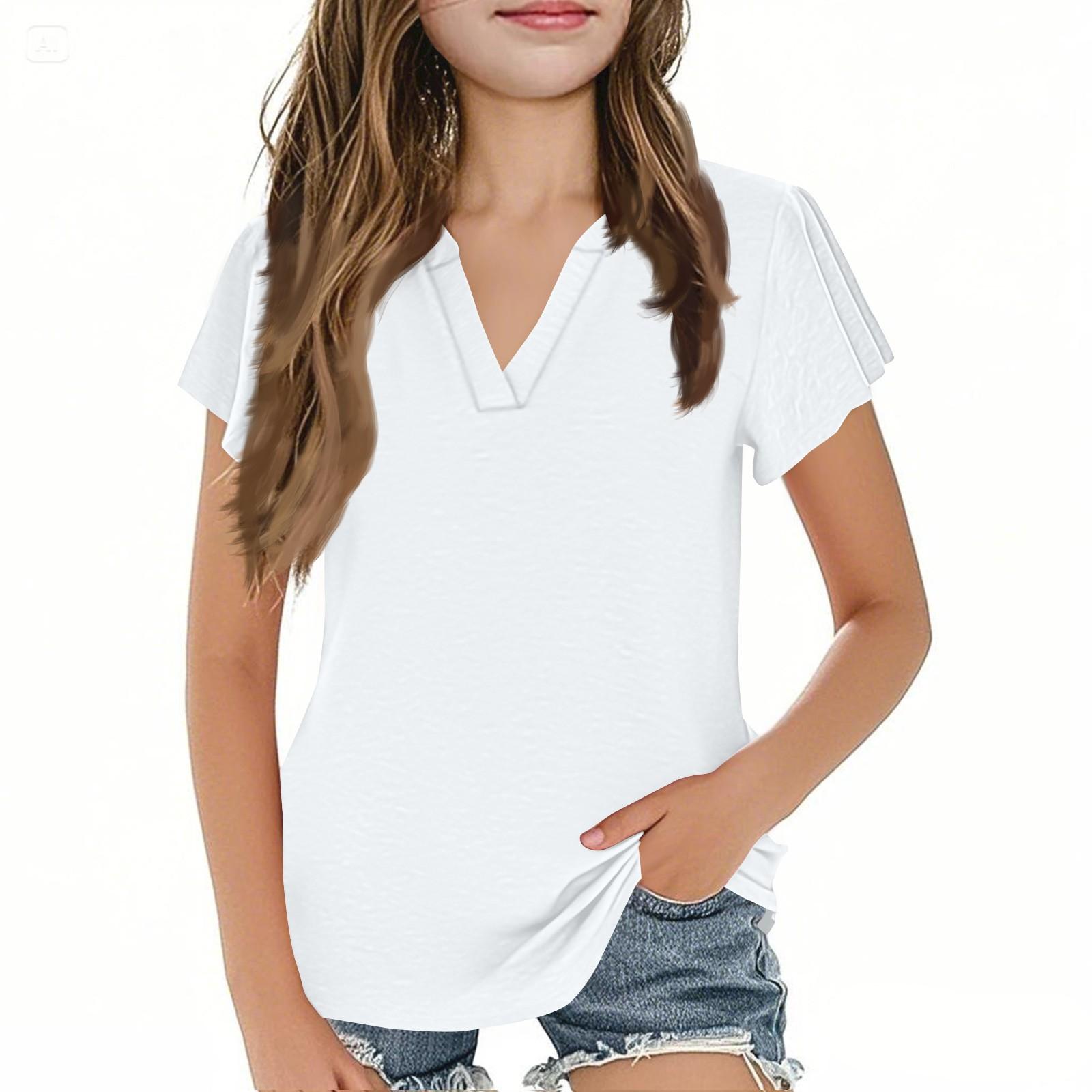 

Летний детский милый и повседневный модный однотонный топ для девочек с короткими рукавами и V-образным вырезом 160 белый