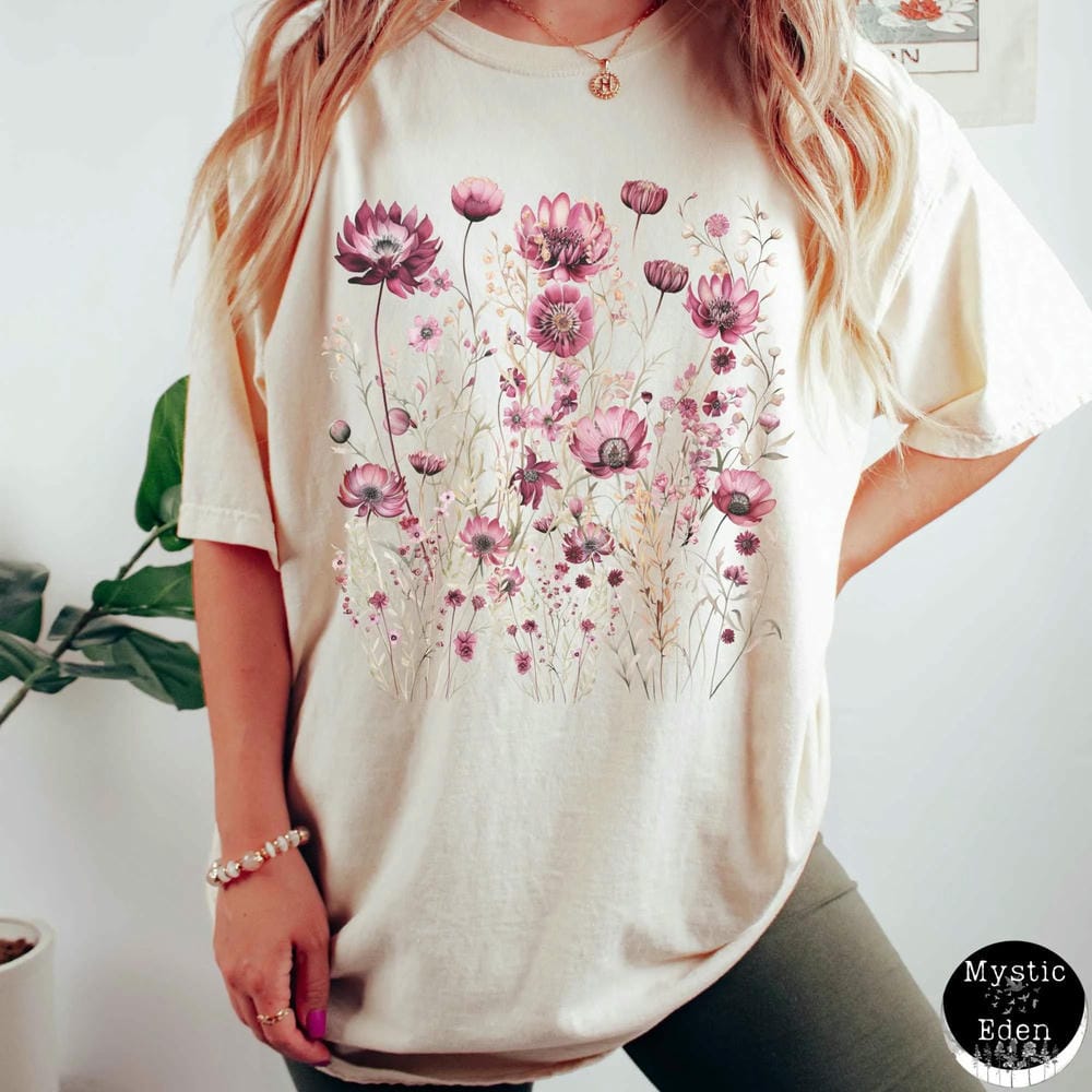 Vintage maroon floral Unisex Tee Pressed Flowers Comfort TShirt Boho Cottagecore Tshirt Apparel Trendy Y2K Casual Streetwear S