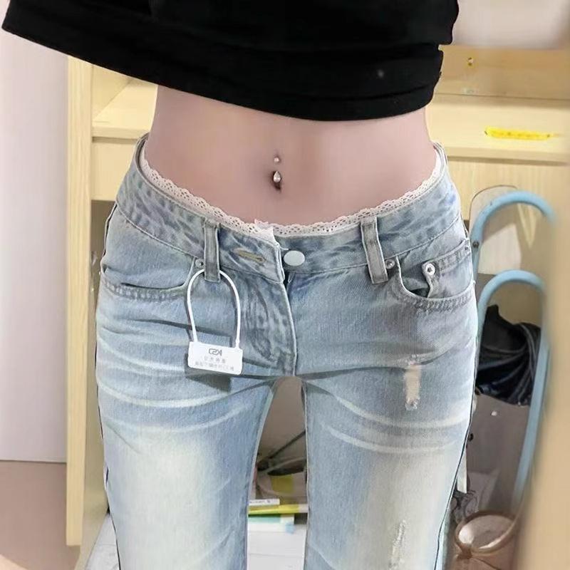 Women's Light Wash Ripped Low Waist Stretch Micro Flare Jeans - Summer 2025 Edition