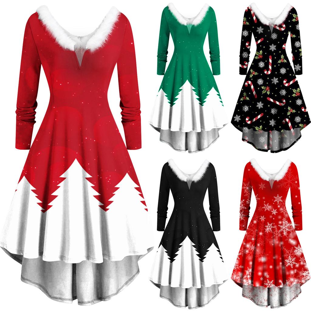 Winterkleid Damen Weihnachten - Kariertes Plüschkleid Mit V-Ausschnitt