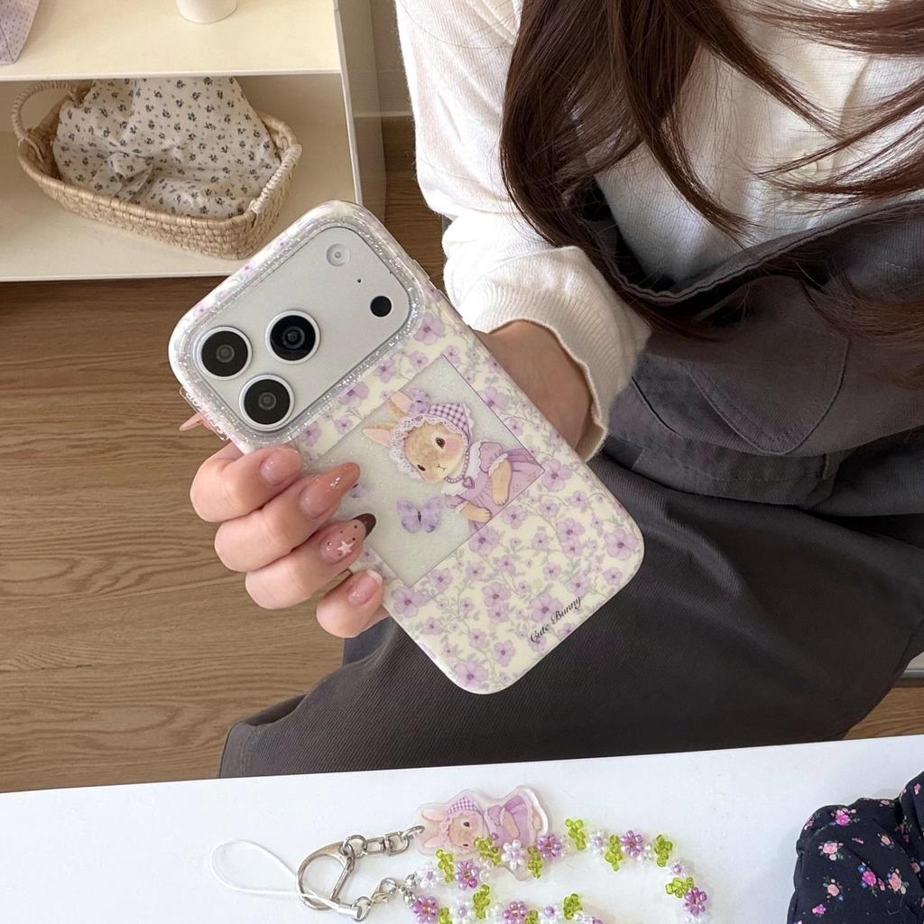 Purple Floral Rabbit Chain Case for iPhone 15/14/16/17 Pro Max