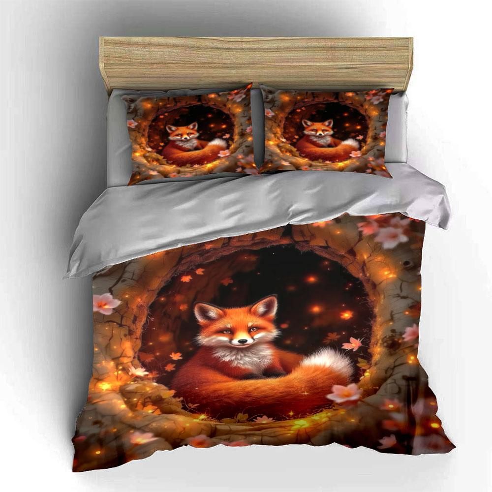 Fox Themed Cozy Decor Set Soft Skin-Friendly Bedding Set Includes 1 Duvet Cover And 2 Pillowcase Gift