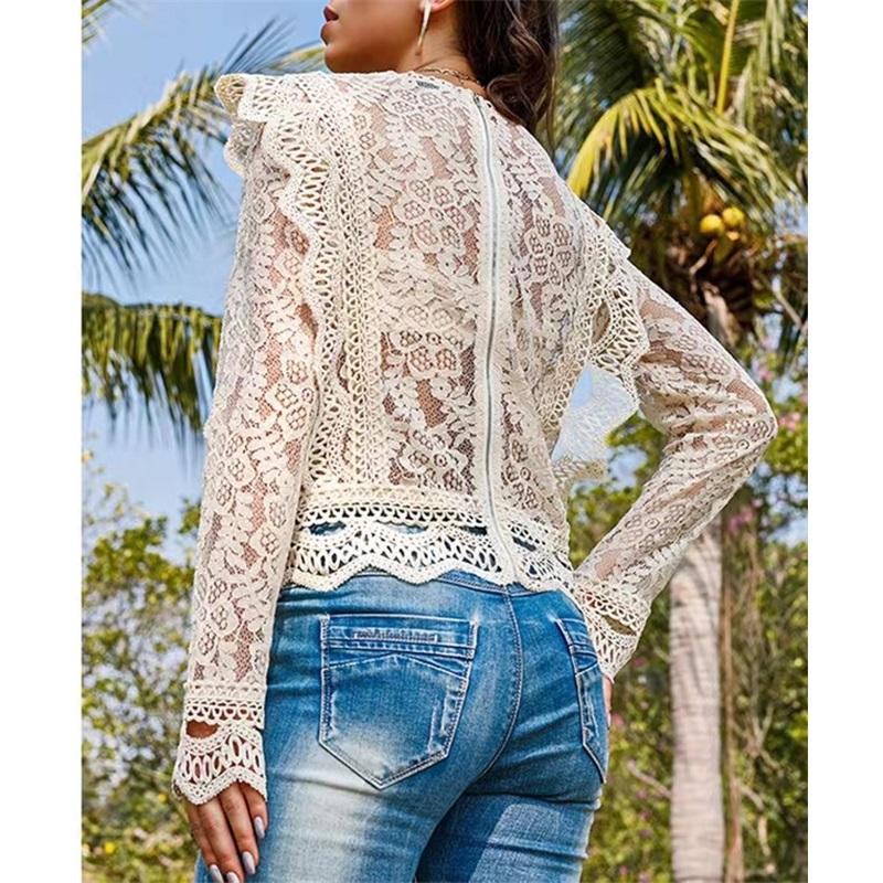 Solid Color Bottoming Sexy Hollow Lace Long-sleeved Women's Lace Shirt Jacket Top