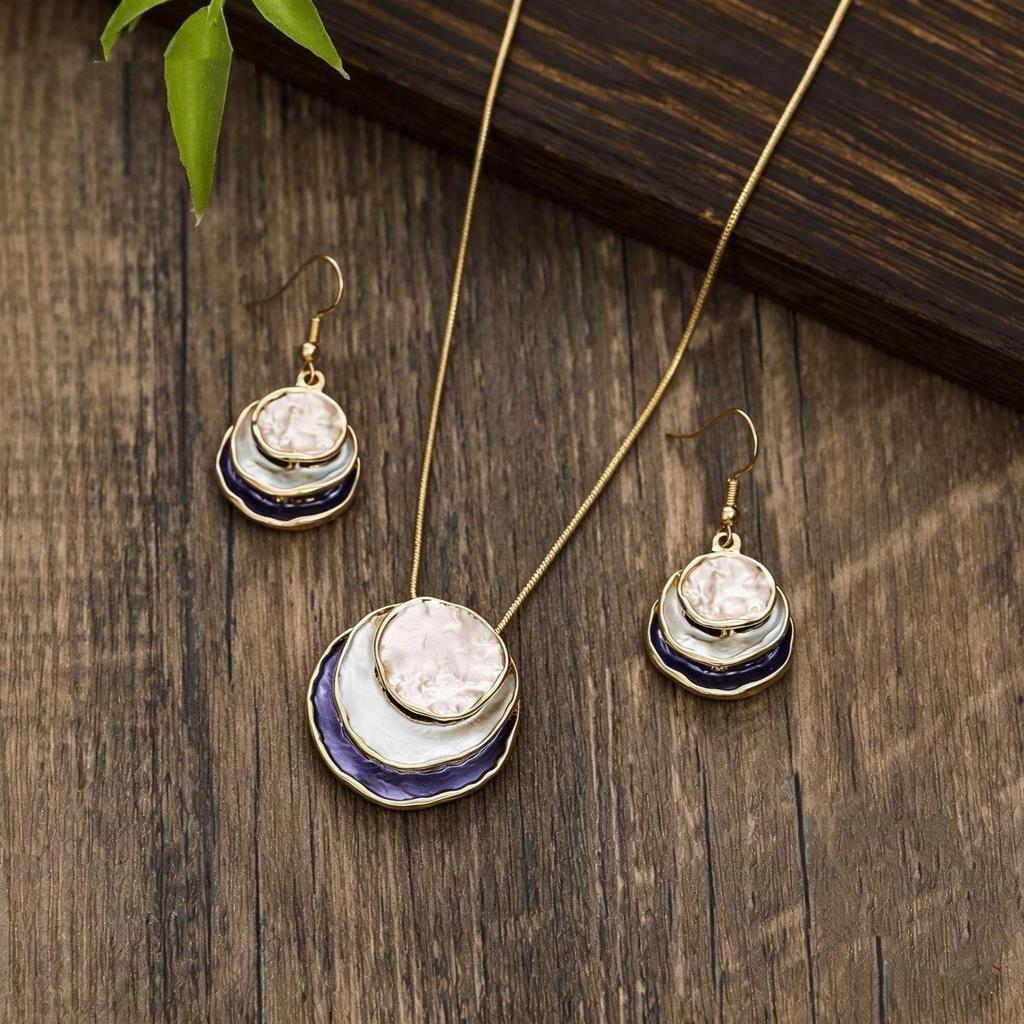 Abstract Layered Enamel Jewelry Set, Gold-Tone Necklace & Earrings with Purple Accents,Layered Enamel Jewelry Set, Abstract Design