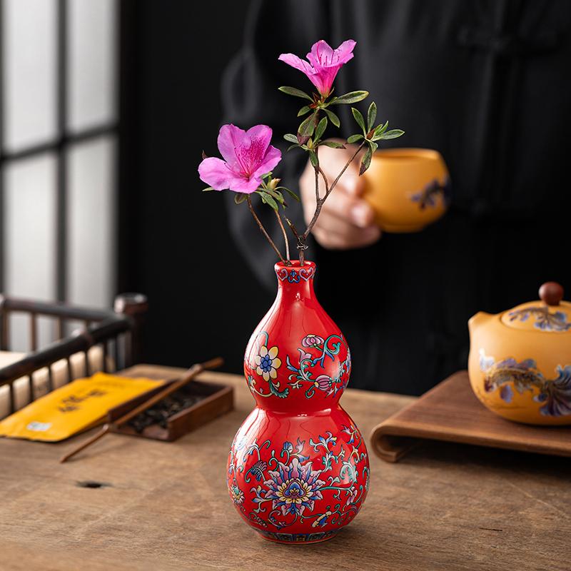 Chinese style enamel gourd ceramic vase, living room decoration, flower vase, desktop decoration vase