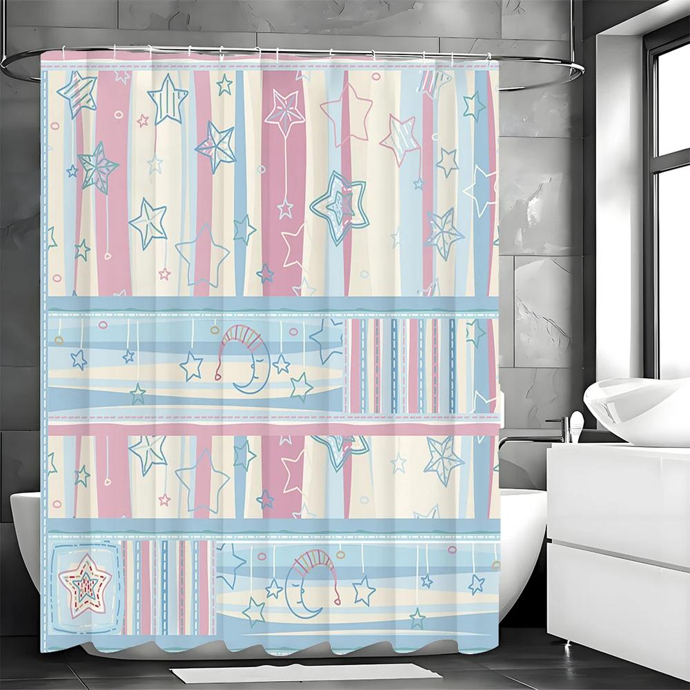 Blue Pink Striped Stars and Moon Shower Curtain, Bathroom Decorative Shower Curtain, Waterproof Shower Curtain with Hooks