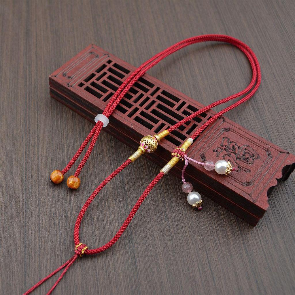 Premium Hand-woven Necklace: Gold Amber, Crystal, and Jade Pendant Cord