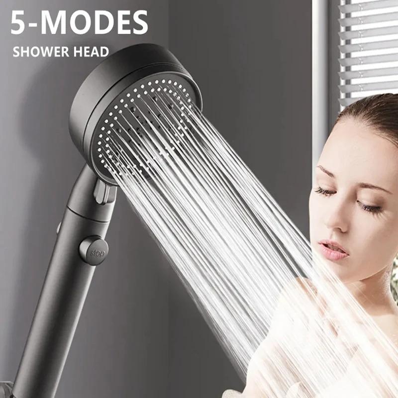 High Pressure Shower Head 5 Modes Adjustable Showerheads Bathroom Accessories with Hose Water Saving One-Key Stop Spray Nozzle
