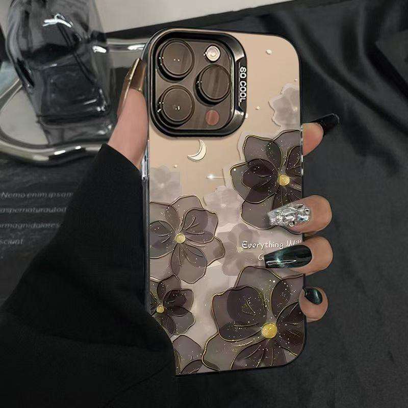 Black Gold edged Flower Colorful Silver Shell Suitable for Apple 16 15 14pro Mobile Phone Case 15promax13 12 11X