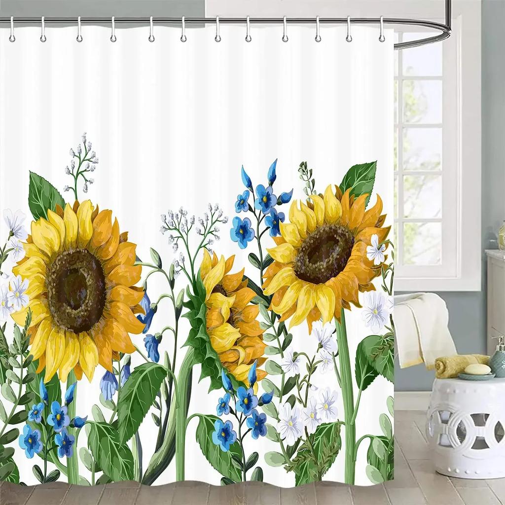 Farmhouse Rustic Shower Curtain Sunflower Autumn Floral Flower On Rural Barn Wooden Fabric Bathroom Curtains with Hooks Sets