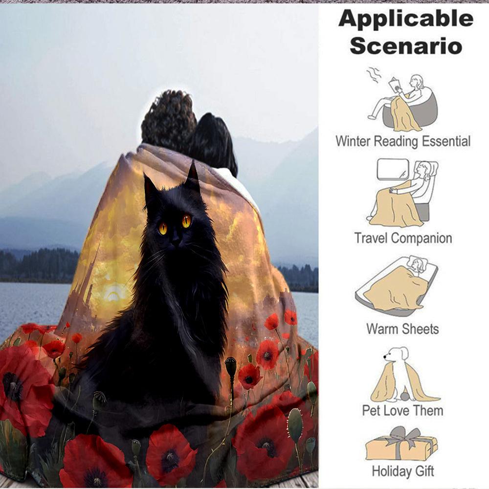 1pc Cat Flowers Blanket, Lightweight Flannel Throw Blanket For Sofa, Bed, Travel, Camping, Living Room, Office, Couch, Chair, And Bed