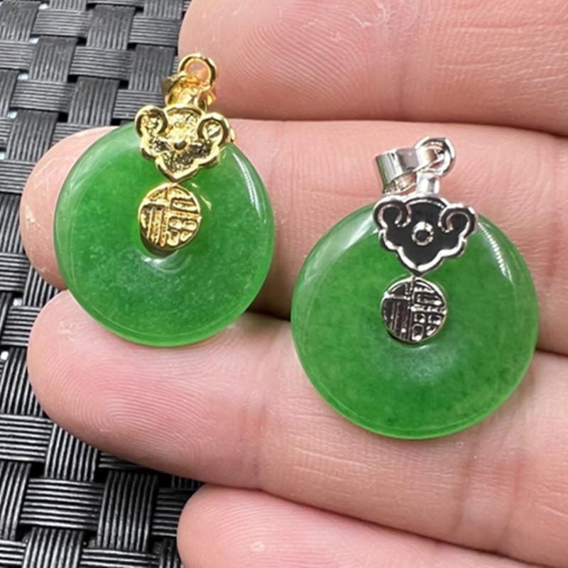 Emerald Green Jade Coin Pendant Necklace with Fu Character Silver version, diameter 20mm