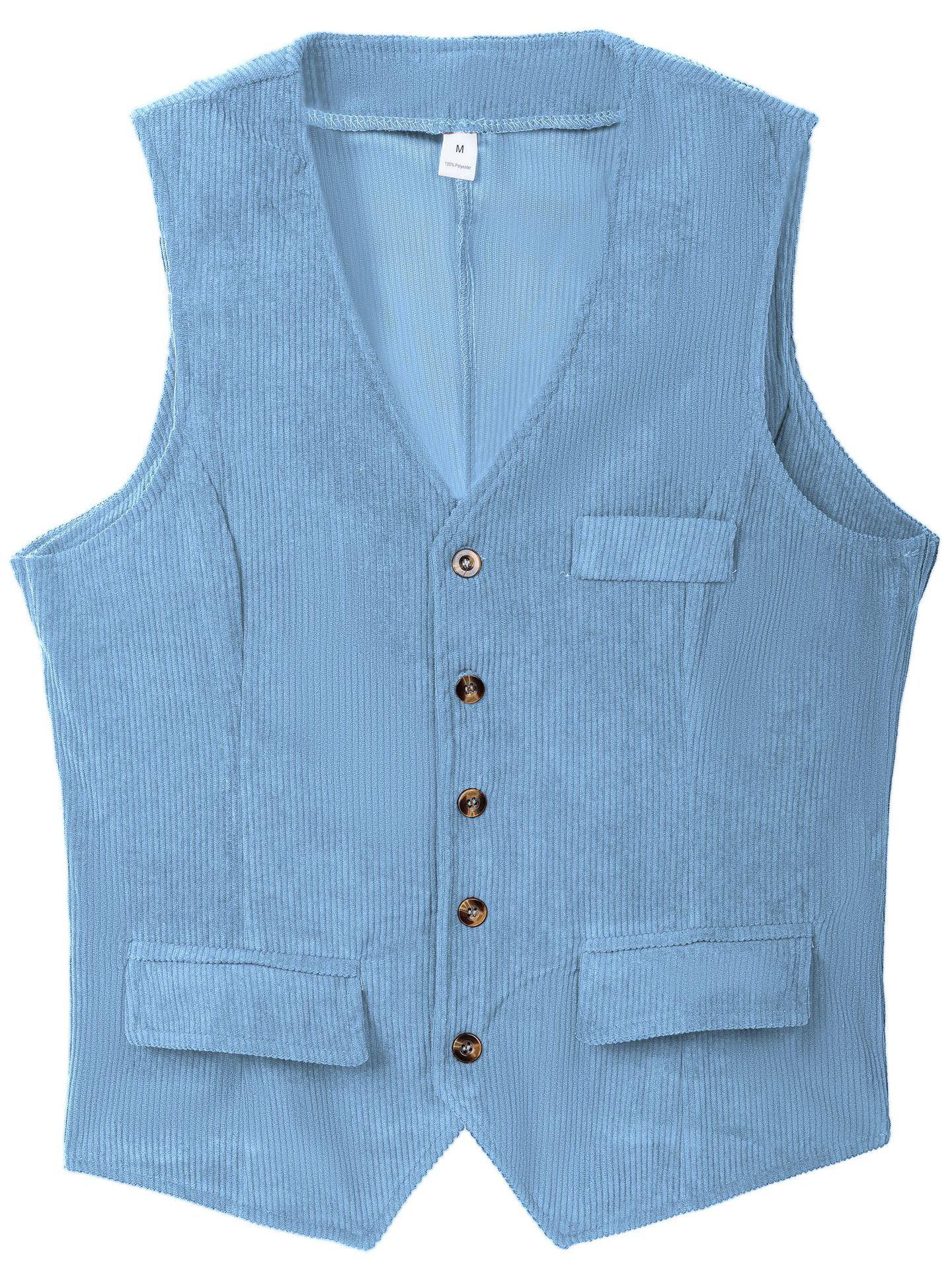 Мужской вельветовый рабочий жилет приталенного кроя - Британский стиль, Однобортный, Без капюшона, Однотонный, для Весны и Осени. XXL