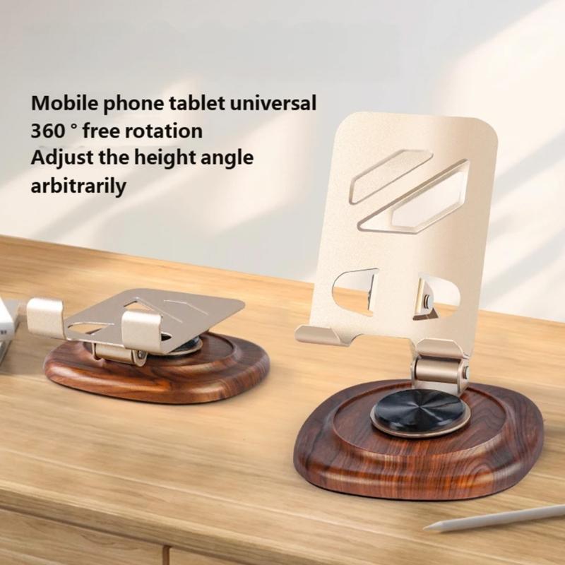 Support de téléphone en métal Support Rotation à 360 degrés Ergonomique Pliable Portable Base en bois de noyer Port de chargement inclus