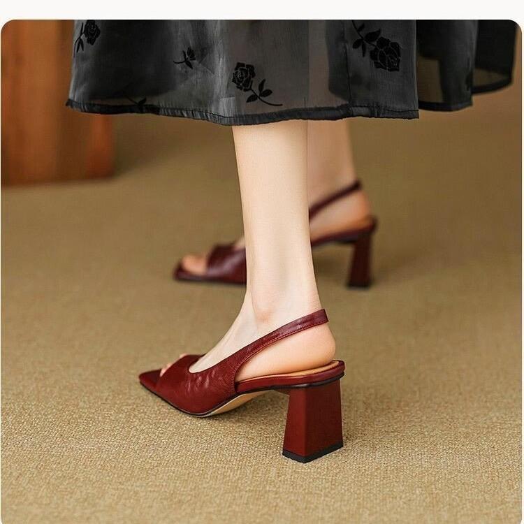 

Fashion 2025Summer New Sandals Chic Wine Red Leather Summer Shoes Formal Dress Slingback Beige Sandalias Femininos Work Pumps 35 красный