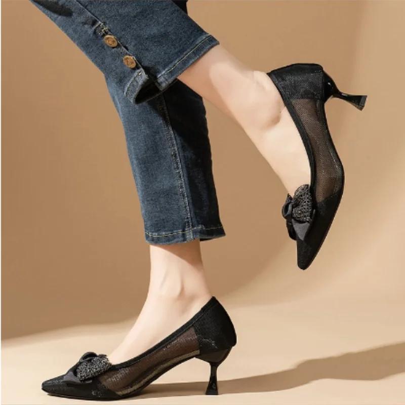 Pointy High Heels Women's Shoes Spring and Summer New Style with Bow Mesh Fine Heels Fashion Shoes Breathable Women's Net Shoes