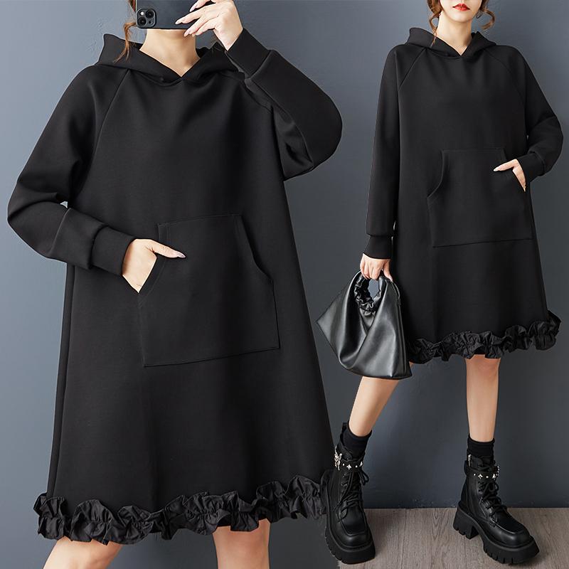 DIMANAF 2025 Women Plus Size Autumn Shirt Dress Long Sleeve Hooded Loose Casual Oversize Vintage Dress Black