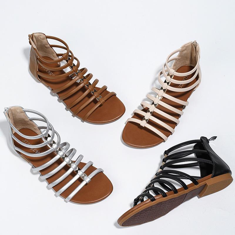 Sandales croisées pour femmes, chaussures romaines simples d'été pour vacances en bord de mer, nouvelles chaussures rétro à dos plat avec fermeture éclair ethnique bohème
