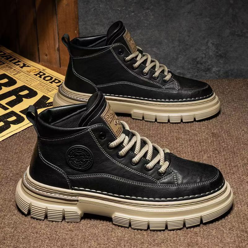 Ботинки Мартинс высокие осенние британский стиль ретро кожаные ботинки средней высоты увеличивающие рост водонепроницаемые ботинки черные 39