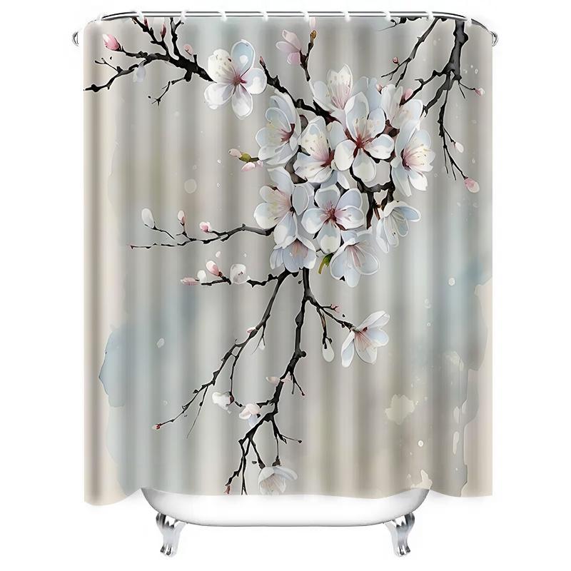 Elegant Blossom Shower Curtain Bathroom Decor With White Pink Sakura Flowers Waterproof Durable Easy To Clean And Maintain
