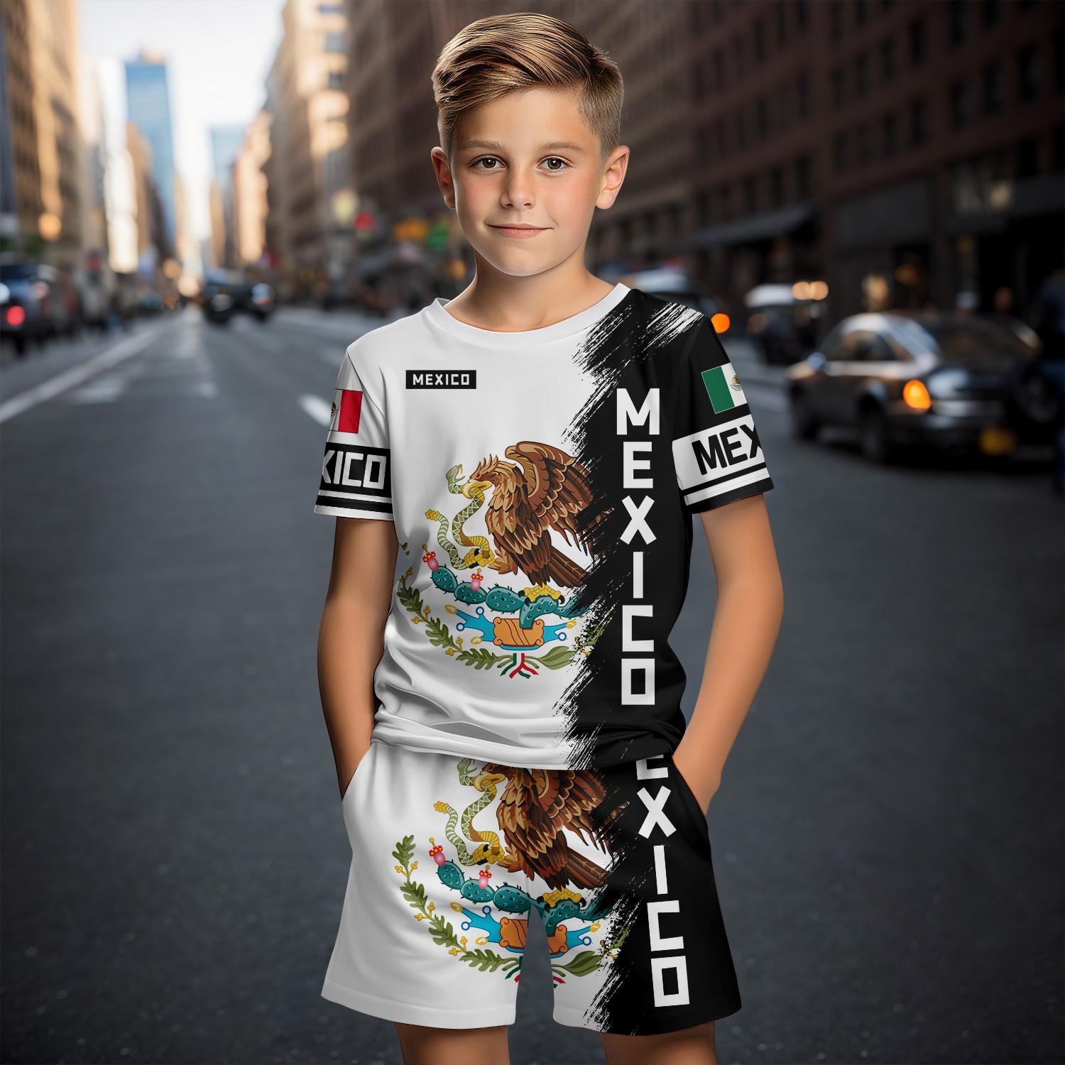 

Летний детский комплект одежды с принтом в виде мексиканского Дня независимости, шорты для мальчиков + футболка с короткими рукавами, повседневная одежда 2024 г. 160