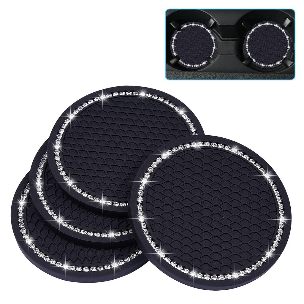 Wisdompro Car Non-Slip Coaster Bling Car Drink Holder Cup Mat Vinyl Anti-Slip Vibration Proof Round 70mm Diameter 4pcs Black