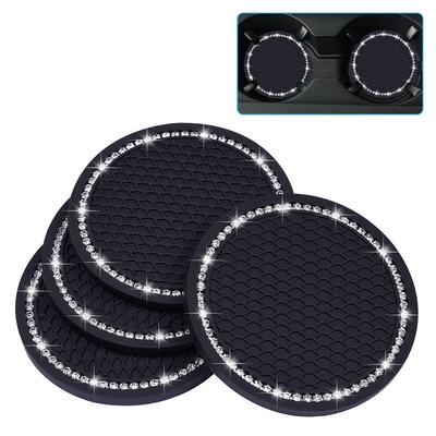 Wisdompro Non-Slip Car Coasters, Pack of 4, Sparkly PVC Cup Mats for Drink Holders, Anti-Slip, Anti-Vibration, Round, Approx. 70mm Diameter, Black