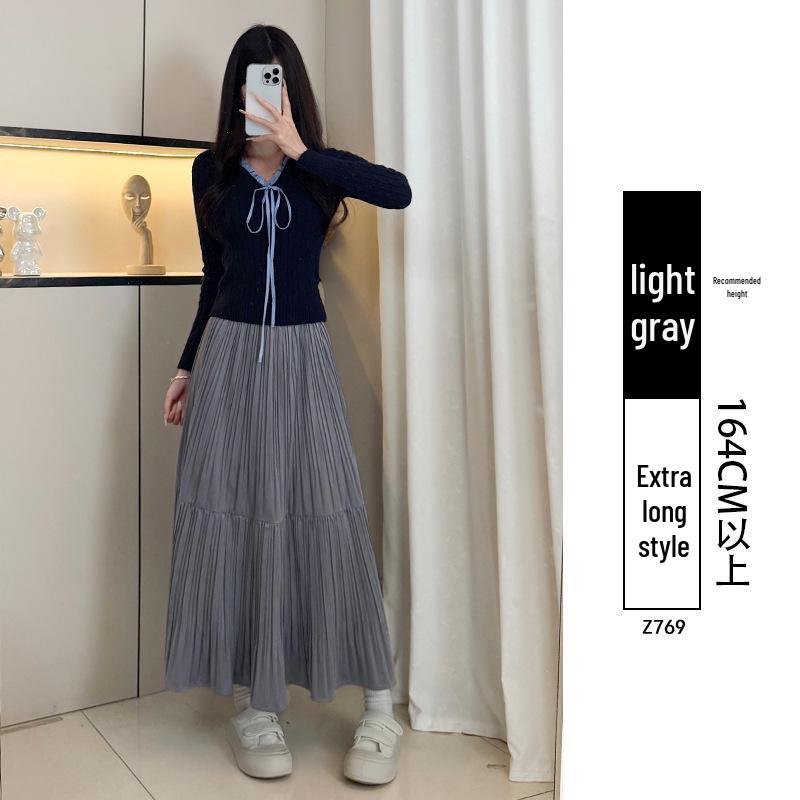 Women's Black Gold Velvet A-line Pleated Midi Skirt, High Waist, Spring/Autumn 2026