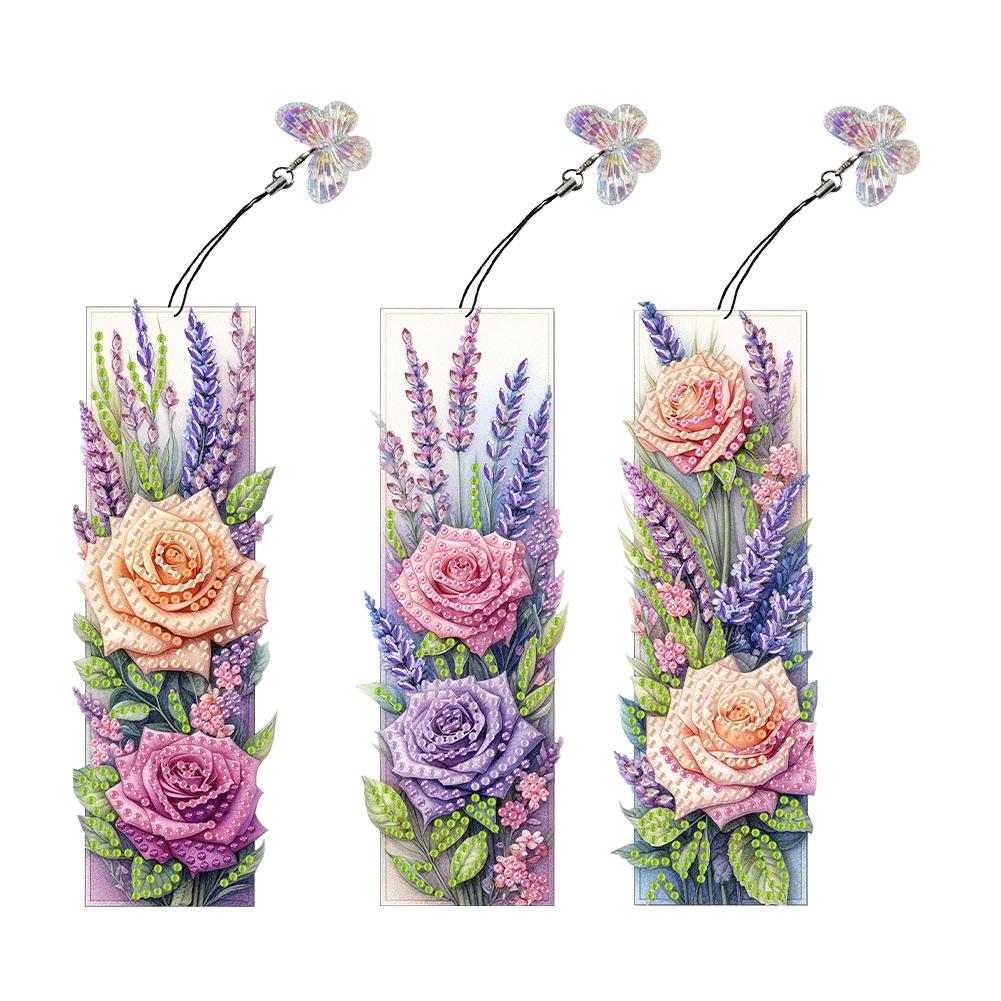 3Pcs Special Shape Rose Bouquet DIY Bookmarks Diamond Painting Kits Diamond Art Bookmark with Pendant for Kids Adults Beginners