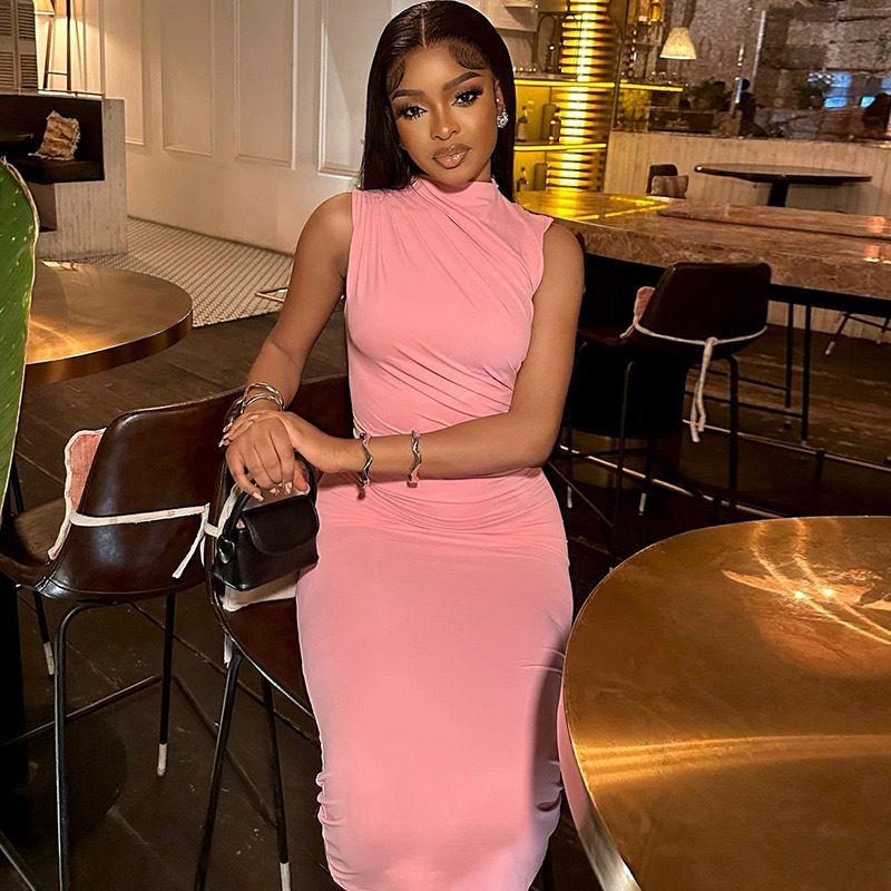 American Sexy Elegant Office Lady Skirt Pure Color Ruched Sleeveless Fashion Elegant Bodycon Slim Looking Dress