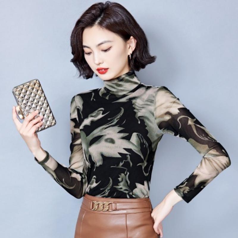 Half Turtleneck Mesh Long-sleeved T-shirt for Women In Winter New Plush Thickened Bottoming Shirt Chinese Style Top