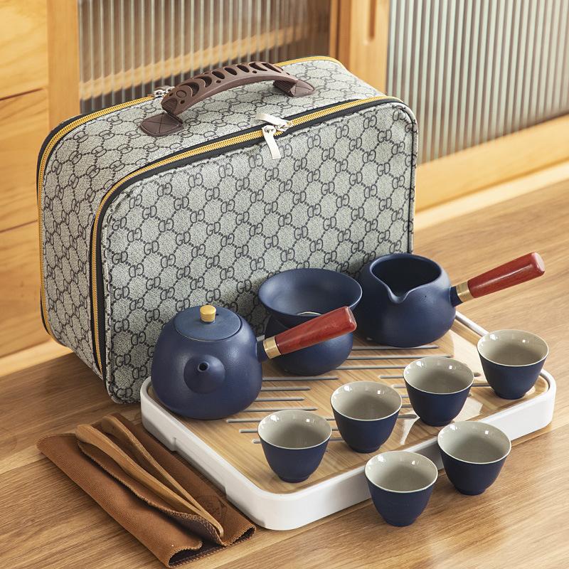 Black pottery Kung Fu tea set, cheap ceramic side handle pot with tea tray, portable complete set of business gifts