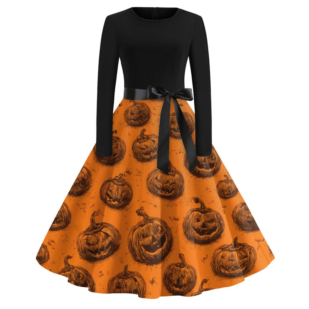 Women's Casual Halloween Print Vintage Round Neck Long Sleeve Dress Retro Fit and Flare Style with Waist Tie and Unique Pumpkin Pattern
