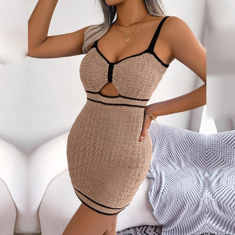 Sexy Hollow Out Knitted Wrap Dress for Women Summer Slim Solid Color Strap Hip Holiday Party