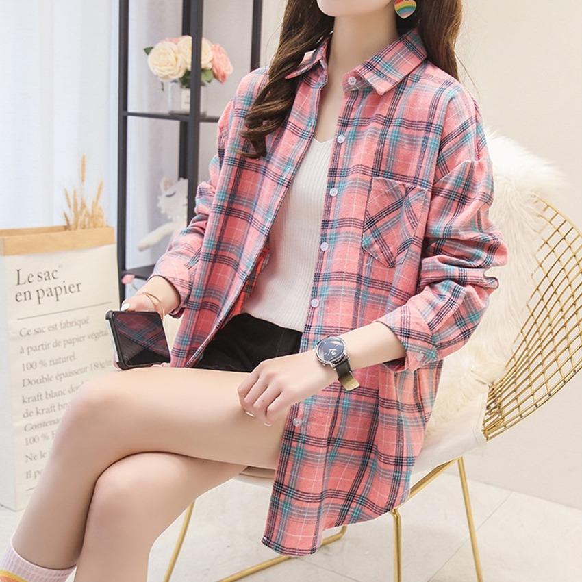 Buy Women Plaid Shirts Coat Lapel Long 