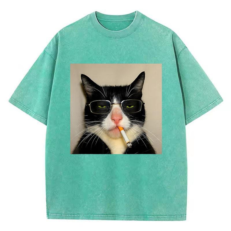 Oversize Cool T Shirt Vintage Washed Cotton T-Shirt Hip Hop Smoking Cat Graphic Tee Casual Streetwear Spring Summer