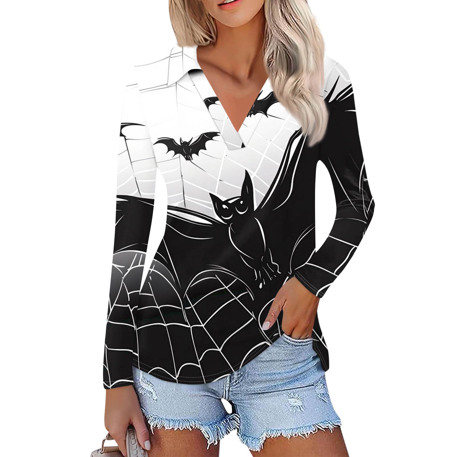 

Женская летняя модная повседневная рубашка с v-образным вырезом и длинным рукавом с принтом, топ L