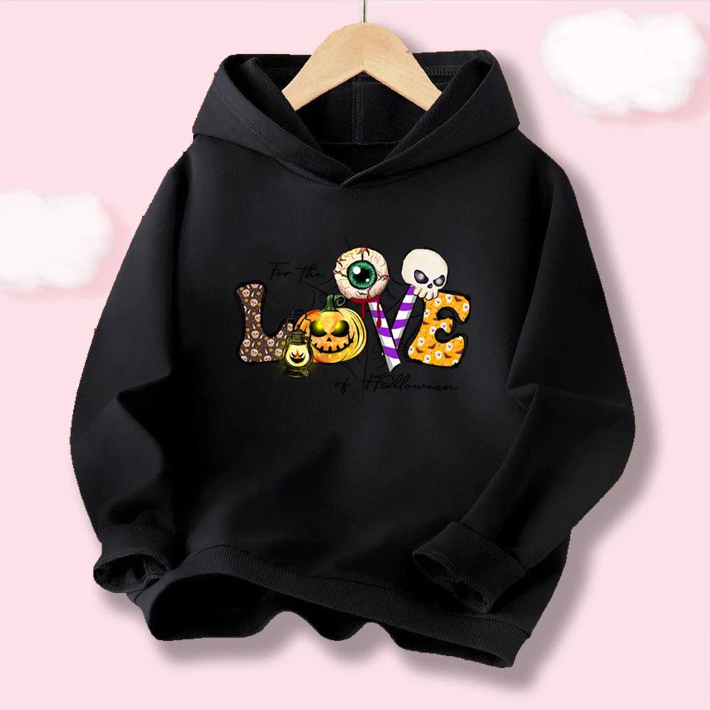 Kawaii Boys' & Girls' Halloween Hoodie "LOVE" Letter with Pumpkin and Skull Print, Casual Kids' Hooded Top
