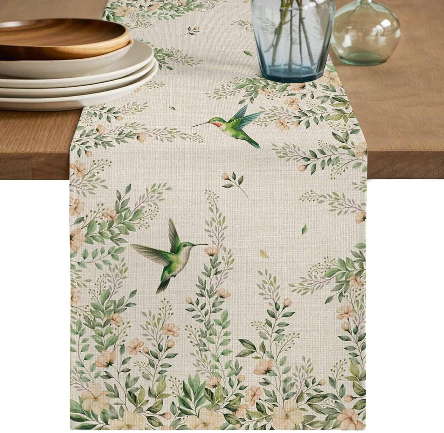 Fleurs de Printemps Oiseaux Chemin de Table en Lin Décorations de Mariage Été Floral Colibri Chemin de Table de Cuisine Salle à Manger Décor de Fête 150x33cm