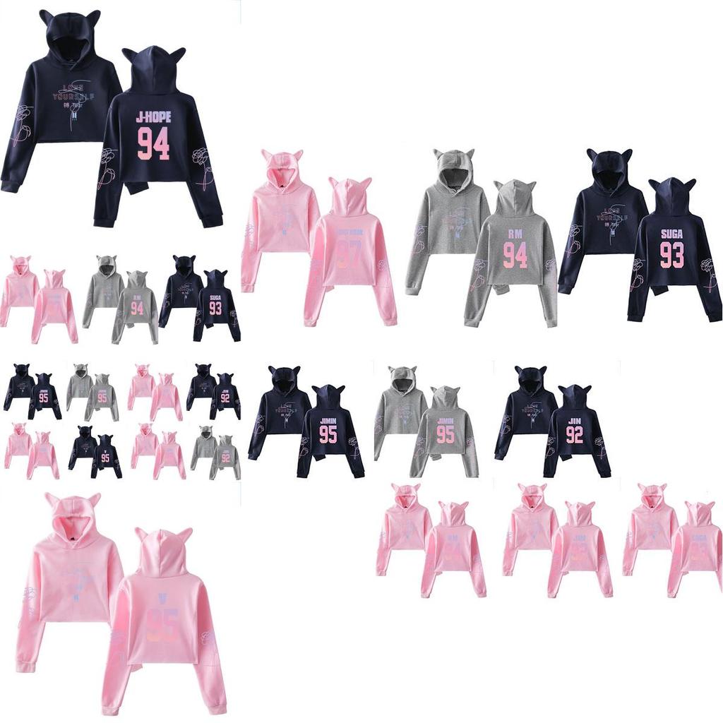 Kpop Unisex Bts  jung Kook Jimin 95 97 Hoodie Sweatshirt Cat Ears Tops Crop